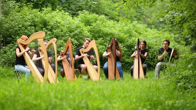 Six men and women with arpas and one man with drum play sitting 