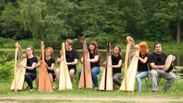 Six men and women with arpas and one man with drum sit and play