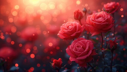 red roses background with light and dark shades, in the style of realistic, poster, soft mist 