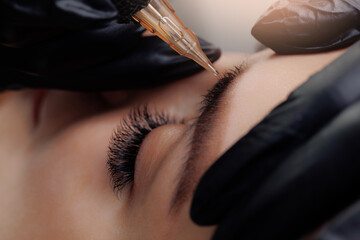 Detail of beautiful woman with black brows in beauty salon. Procedure Permanent makeup tattoo for...