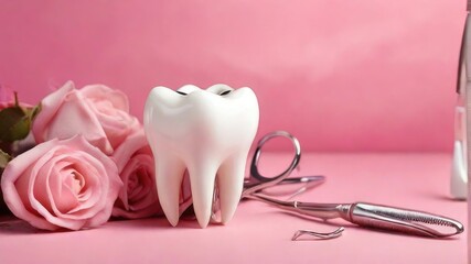 White tooth with dental instruments on a pink background with pink roses in honor of the international dentist day  - Powered by Adobe