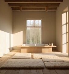 A large room with a bathtub and a window. Generative AI.