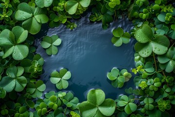 Fresh green clover leaves with dewdrops delicately floating on a tranquil water surface