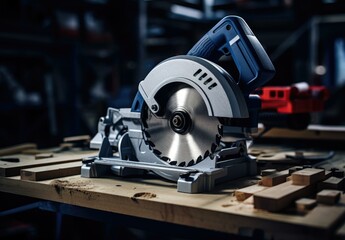 A circular saw is sitting on a table. Generative AI.