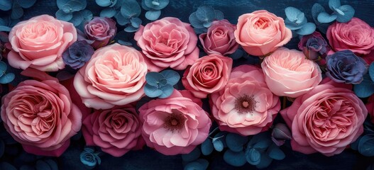 roses are in a bouquet on a dark background, in the style of dark pink and light indigo