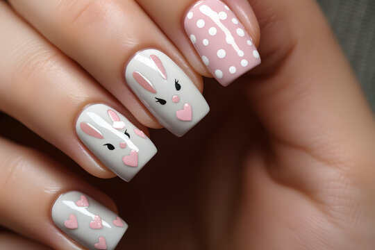Woman's fingernails with seasonal Easter nail art design with cute bunnies, dots and hearts - Powered by Adobe
