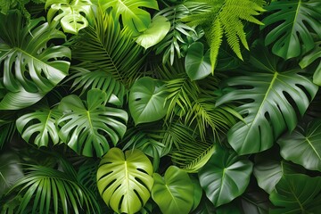 A vibrant and dense collection of various tropical leaves in rich shades of green - obrazy, fototapety, plakaty
