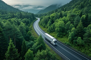 A white truck drives along a winding road surrounded by lush green forest and misty mountains, aerial view. Cargo transportation