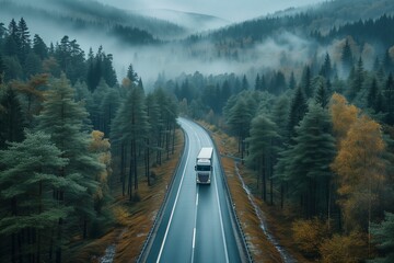 A solitary truck travels a forest road amidst a serene, mist-covered landscape