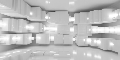 Spacious Room With Abundant White Cubes 3d render illustration