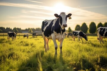 Holstein Friesian cow farm during golden hour, with peacefully grazing in a vast - Powered by Adobe