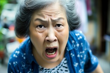 Angry belligerent yelling asian senior woman looking at the camera - Powered by Adobe