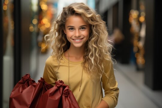 A happy girl holding shopping bags in hand in shopping mall Photography