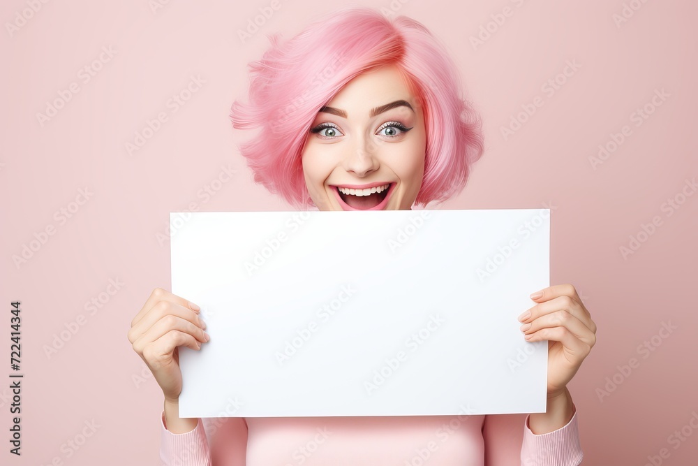 Wall mural smiling girl with colorful pink hair holding a blank white sign mockup on a vibrant pink background