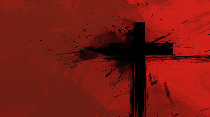 Black cross painted against a bold red wall - obrazy, fototapety, plakaty