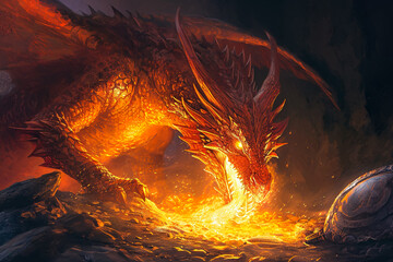 Naklejka premium fierce dragon breathing fire and guarding a treasure