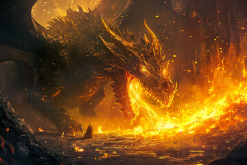 fierce dragon breathing fire and guarding a treasure