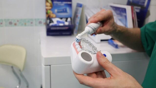 Dentist is holding toothbrush and model of jaw, showing how to brush teeth.