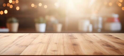 Empty wooden table top on blurred background. Generative AI.