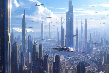 futuristic cityscape with tall skyscrapers and flying cars
