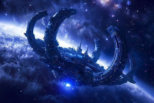 futuristic space station floating in the vastness of outer space - Powered by Adobe