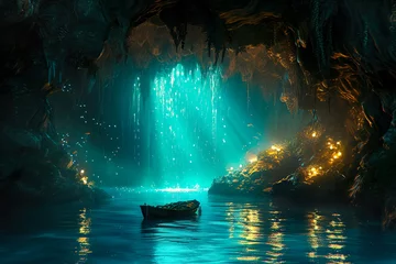Fotobehang mystical underwater cave with bioluminescent plants and hidden treasures. © Formoney