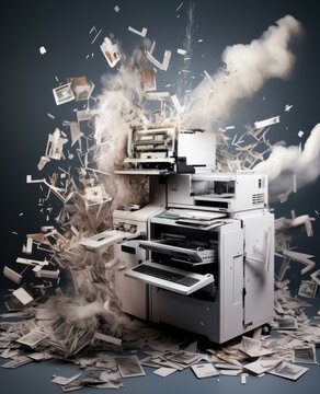 A printer is surrounded by papers and other items. Generative AI.