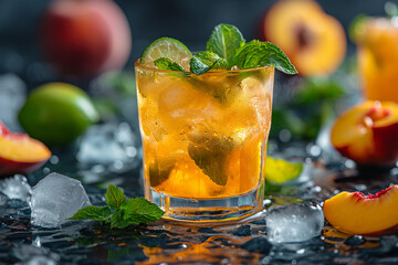 Cocktail with peach-mint and lime and ice cubes