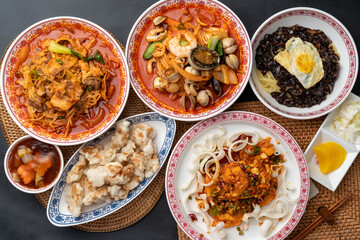 Chinese food, black bean sauce noodles with minced meat, beef mushroom  sweet and sour pork, Chinese shrimp, deep-fried pork in sweet rice batter with sweet and sour sauce