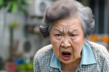 Angry belligerent yelling asian senior woman looking at the camera
