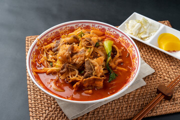 Chinese food, black bean sauce noodles with minced meat, beef mushroom  sweet and sour pork, Chinese shrimp, deep-fried pork in sweet rice batter with sweet and sour sauce
