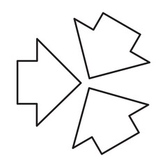 Three-way, two-way or one -way inward or outward pointing mini arrows. A symbol made from a trio of small black arrow shapes. Isolated on a white background.