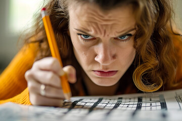 woman doing a crossword puzzle, with a pencil in her hand and a furrowed brow
