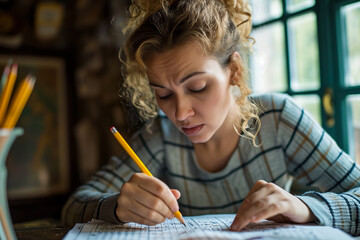 woman doing a crossword puzzle, with a pencil in her hand and a furrowed brow