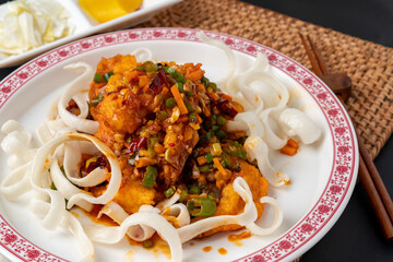 Chinese food, black bean sauce noodles with minced meat, beef mushroom  sweet and sour pork, Chinese shrimp, deep-fried pork in sweet rice batter with sweet and sour sauce