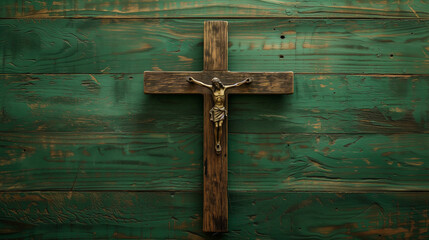 Crafted wooden crucifix, set against a backdrop of rich green wood, invoking a sense of sacred tranquility - Powered by Adobe