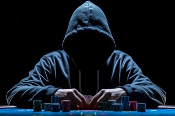 Nighttime poker tournament with professional player in hoodie and sunglasses at casino table - obrazy, fototapety, plakaty