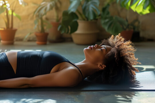 woman lying down on a yoga mat, trying to relieve her headache with deep breathing
