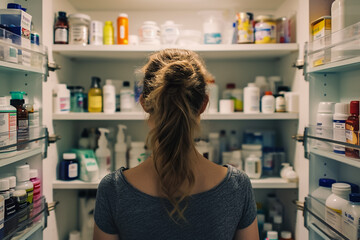 woman standing in front of the medicine cabinet, searching for pain relief
