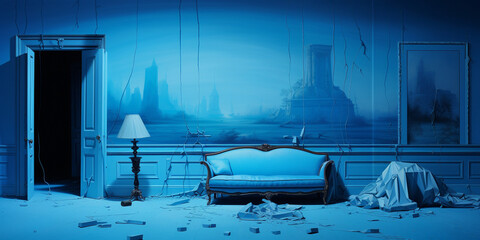 A vintage blue room with blue sofa and lam with open door, A scene of a black room with dark smoke, horror blue room
