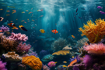 An underwater scene with colorful coral reefs and exotic fish swimming
