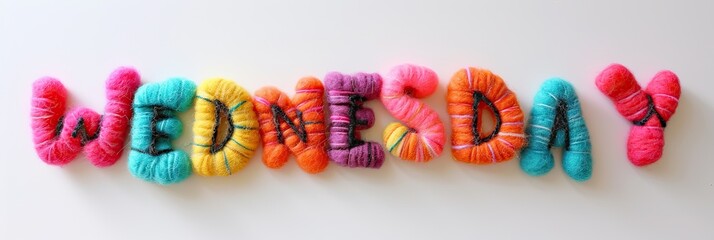The word Wednesday in colorful felt letters on white background