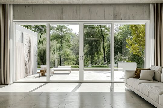 Fototapeta Modern house with sliding doors opening to the garden