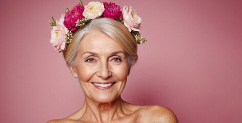 Old beautiful naked sixty year old blonde woman smiling on isolated pink background. Woman portrait with flowers on her head