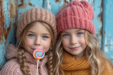 two girls with lollipop on blue background photo, in the style of photo taken with nikon d750, photobash