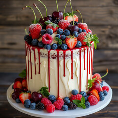 Tall and delicious cake with buttercream and different fresh berries, raspberries, strawberries, blueberry and cherry