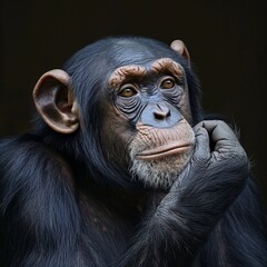 a chimpanzee with his hand on his chin