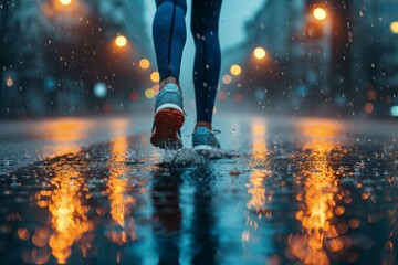 Strong athletic legs in sneakers running along a city street during the rain at the backdrop of...