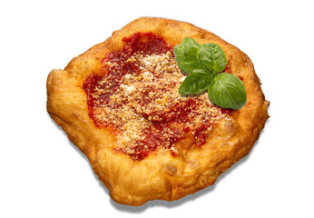 Neapolitan fried pizza with tomato sauce cheese and basil leaves, called Montanara, isolated