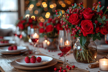 Romantic table setting with red roses in vase on the table